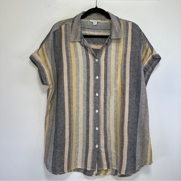 beachlunchlounge Tops - Beachlunchlounge | Linen Blend Striped Button Down Short Sleeve Shirt Size L